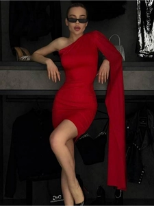 Elegant red one-shoulder mini dress with dramatic floor-length cape sleeve and slim fit