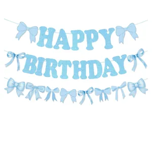Sparkly light blue Happy Birthday banner set with sequin bow party decorations
