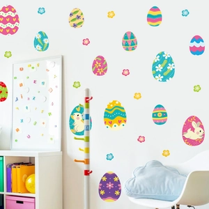 Easter egg wall stickers set with cute rabbits and colorful floral PVC window decals