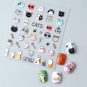 5D embossed cat theme nail art stickers with cute 3D cartoon kitty designs TS-048