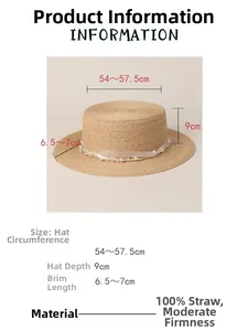 Size guide for raffia flat top hat showing dimensions for circumference and brim length
