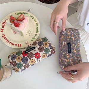 Vintage floral corduroy pencil case with metal zipper and large storage capacity