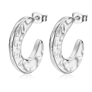 Chic silver stainless steel C-shaped earrings with unique hammered texture surface