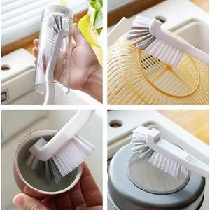 L-shaped long handle cup cleaning brush for bottles and blenders in four scene views