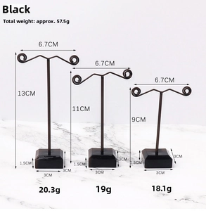 Size chart for 3-piece black metal T-bar earring display stands with height measurements