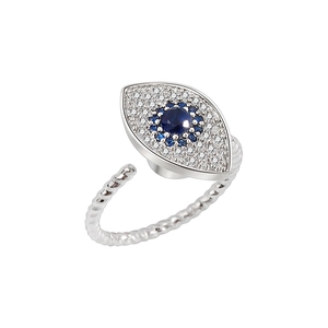 Rotating silver Evil Eye open ring with sparkling blue diamond and pavé zircon stones