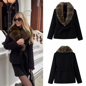 Women Elegant Lapel Suede Jacket With Faux Fur Collar Belted Slim Fit Solid Color Autumn Winter Streetwear Outerwear Top