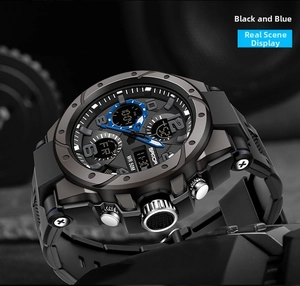 Detail view of SANDA 6008 dual-display sports watch in black and blue 50M waterproof