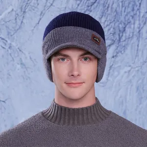 Winter men's knitted baseball cap with ear flaps in navy blue and grey outdoor style