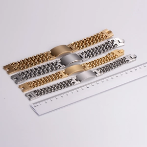Double row frosted cuban chain bracelet in gold and silver steel with ID bar plate