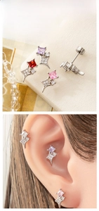Macro detail of square zircon star earrings with screw flat back in four colors