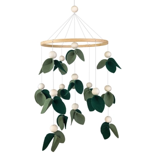 Baby mobile with wooden ring, beads and green felt leaves for nursery decor