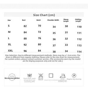 Guide des tailles détaillé et instructions de lavage pour la robe en dentelle et tulle