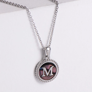 Silver stainless steel letter M pendant necklace with colorful shell inlay and beaded border