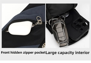 Detail of hidden front zipper pocket and spacious interior for keys and large smartphone