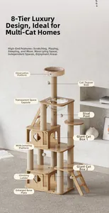 Detail view of large multi-level wooden cat tree with acrylic space capsule and sisal scratching posts