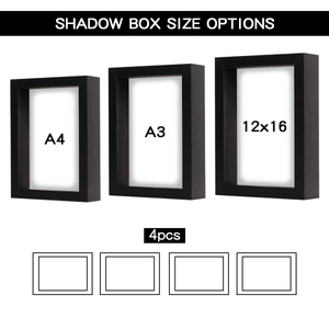 Size options for deep shadow box frames including A4, A3, and 12x16 inch 4-piece set