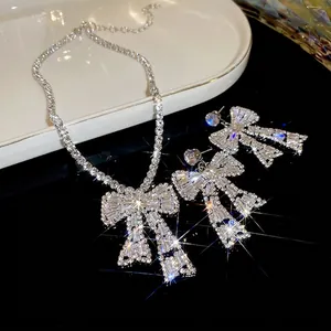 Luxury bow jewelry set with trapezoidal cubic zirconia necklace and stud earrings