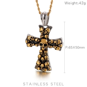 Detail of two-tone stainless steel punk cross skull pendant with size and weight info