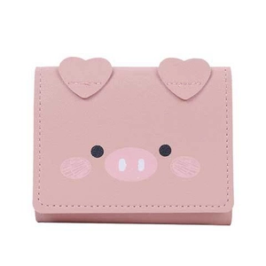 Cute pink cartoon pig mini tri-fold wallet for women with heart-shaped ears and soft finish