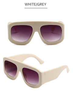 Front and side view of oversized white square sunglasses with purple gradient lenses
