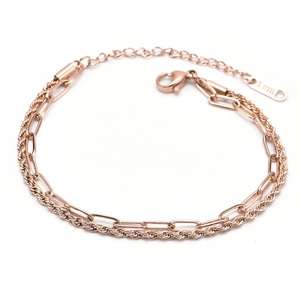 Bracelet Multi Rangs Acier Inoxydable Chaîne Trombone Et Corde Torsadée Or Rose Bijoux Géométriques Pour Femmes