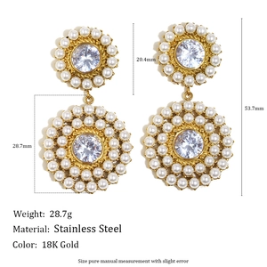 18K gold stainless steel earrings with white pearls and zirconia center dimension view