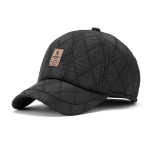 Quilted black winter baseball cap for elderly men with windproof fabric and warm ear flaps