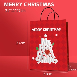 Detailed view of red Christmas paper gift bag with sizing dimensions 21x11x27cm