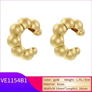 Minimalist gold brass C-shape beaded ear cuff with matte finish for non-pierced ears