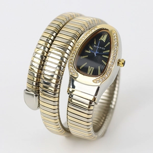 Elegant two-tone snake wrap watch with diamond-set bezel and black sunray dial for women