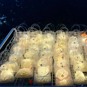 Luminous animal night lights in gift bags with ribbons and raffia decoration