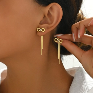 Golden infinity symbol earrings with small diamond and elegant long tassel fringes