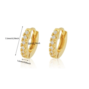 Detailed view of 24K gold plated huggie earrings with clear cubic zirconia inlay and dimensions