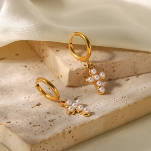 French style 18K gold plated stainless steel hoop earrings with pearl cross pendant