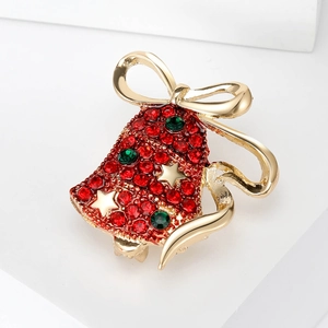 Elegant Christmas bell brooch with red and green rhinestones and a gold bow for suits