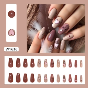 Pink and beige long coffin press-on nails set with heart and leaf hand-painted designs