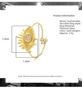 Detailed dimensions of gold evil eye stainless steel ring with white zircon stones