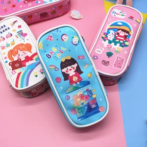 Detailed view of four colorful cartoon pencil cases with cute bear and rabbit prints