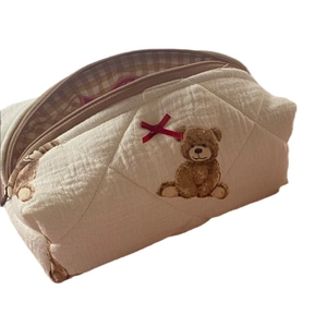 Quilted cotton teddy bear makeup bag with bear embroidery and brown zipper closure