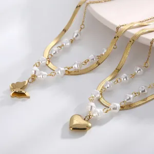 Layered Necklace Stainless Steel Faux Artificial Pearl Butterfly Heart Pendant Gold Plated Herringbone Snake Chain Jewelry For Women