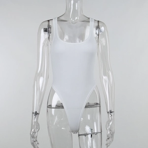 Close-up detail of the ribbed knit texture and U-neckline of a white bodysuit