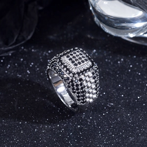 Luxury hip hop men's square ring with black and white pavé diamonds in silver finish