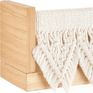 Solid wood wall magazine rack with handmade macrame fringe for home wall decor