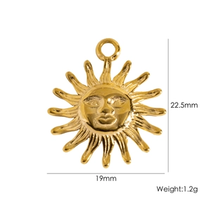 Detail view of gold sun face pendant with 19mm width and 22.5mm height dimensions