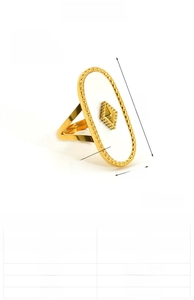 Detailed spec diagram of oval shell stainless steel ring with 18K gold plating