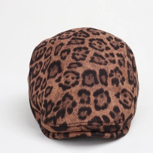 Close-up of leopard print suede ivy cap texture with fine stitching for winter