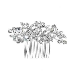 Silver bridal flower hair comb with sparkling crystals and hollow rhinestone design