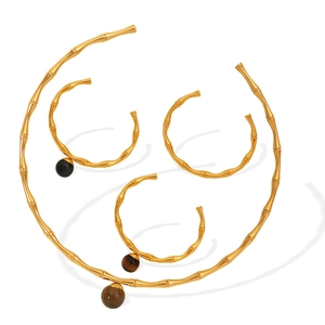 Chic golden bamboo style stainless steel necklace and bracelet set for women