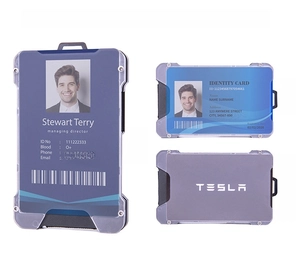 Aluminum RFID card holder for AirTag showing vertical and horizontal display views